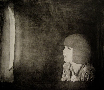 Untitled (watching tv) (2009) etching on paper - Pui Lee