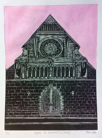 After St. Dominic's (pink) (2016) woodcut and chine colle on paper - Pui Lee
