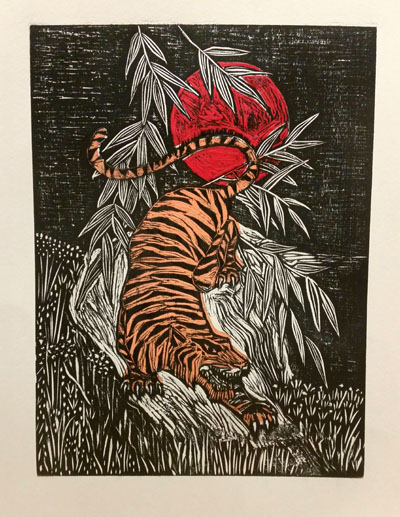 Crouching Tiger (2017) woodcut and chine colle on paper - Pui Lee 