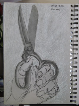 Hand Holding Scissors (2004) pencil, rollerball and tippex on paper - Pui Lee